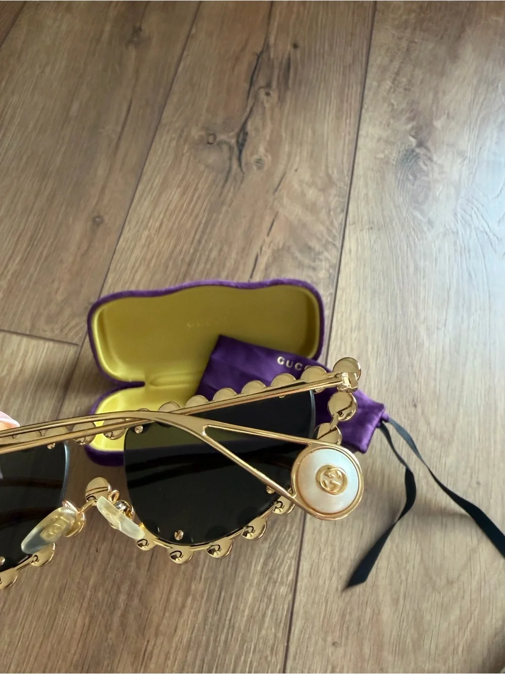 Gucci Pearl-Trim Cat Eye Sunglasses - Purple/Gold
